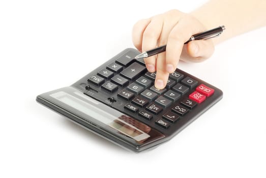 calculator with hand isolated on white
