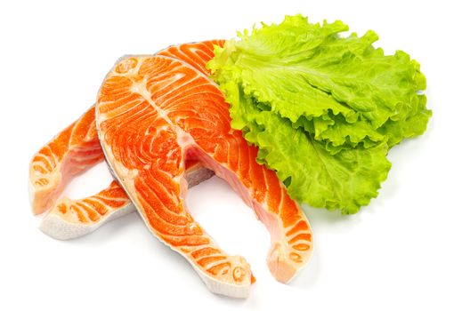 salmon and lettuce isolated on white background
