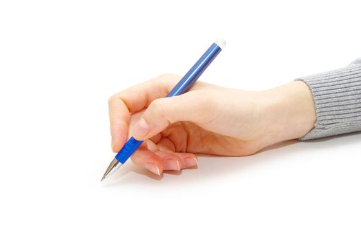 Hand and pen on the white background