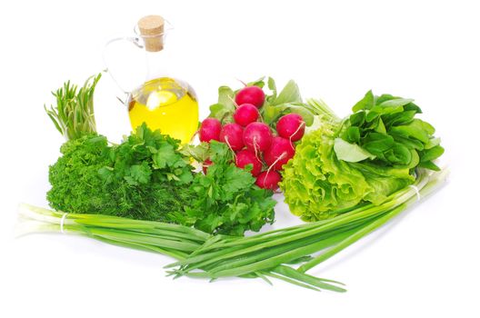 herbs and oil over white