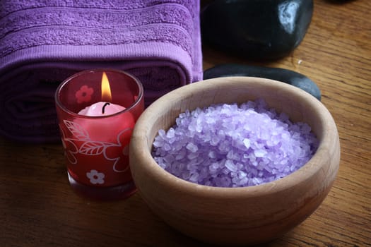 Lavender bath salt and candle close up 