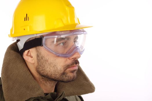 worker with yellow helmet over white 