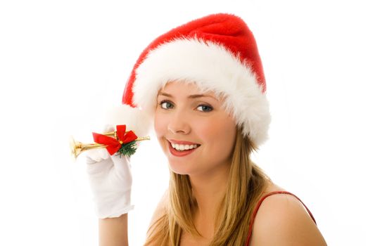 beautiful cheerful girl with a small Christmas pipe in her hand