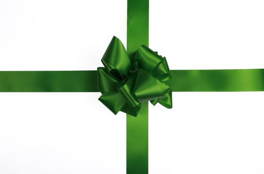 Green satin ribbon and bow to be used as overlay for present box