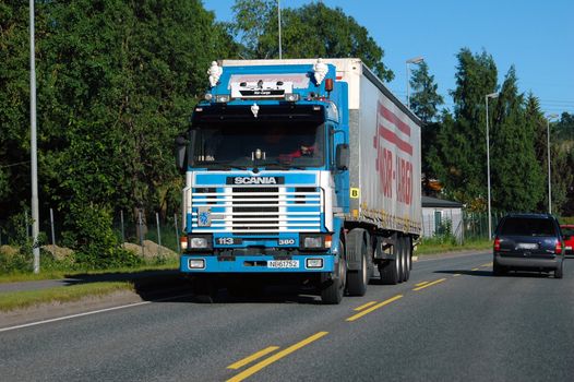 Truck driving. E-18 Larvik/Skien. Vestfold, Norway. 2006.