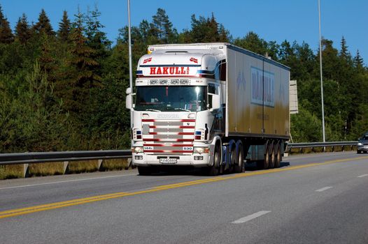 Truck driving. E-18 Larvik/Skien. Vestfold, Norway. 2006.