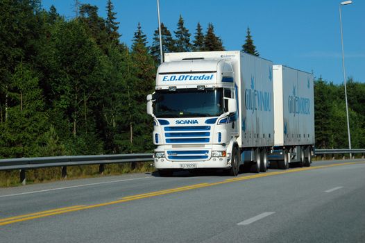 Truck driving. E-18 Larvik/Skien. Vestfold, Norway. 2006.