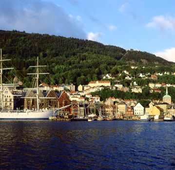 Bergen harbor with a tall ship