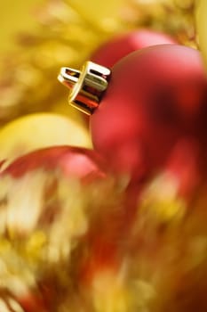 Close up of Christmas baubles with very shallow depth of field. Copy space.