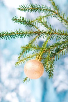 Fur branches and bright toy,Christmas tree ornaments