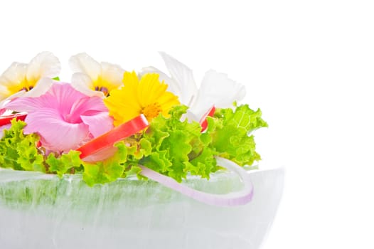 Green salad with tomatoes and various edible flowers in a bowl of ice on a white background