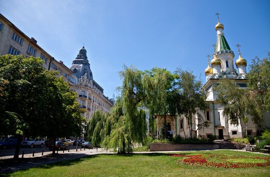 view of sofia, bulgaria. the russian church (r) and some buildings are seen