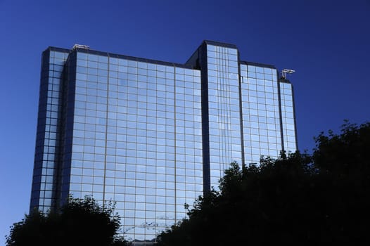 An office block rises above trees silhouetted in the foreground.