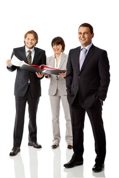 three businesspeople isolated on white smiling, looking at camera