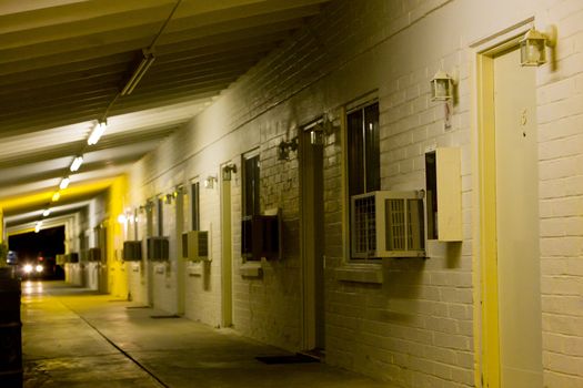 motel at night, Glendale, Nevada, USA