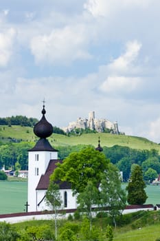 church in Zehra and Spissky Castle at background, Slovakia