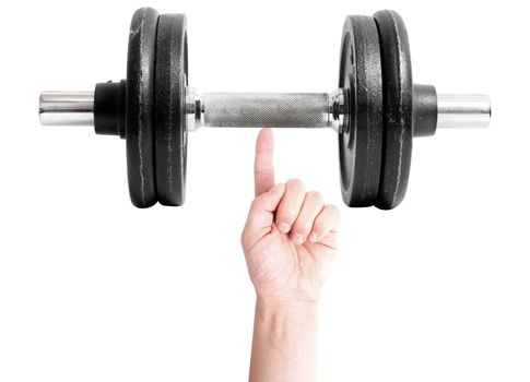 A strong man lifting weights with a finger
