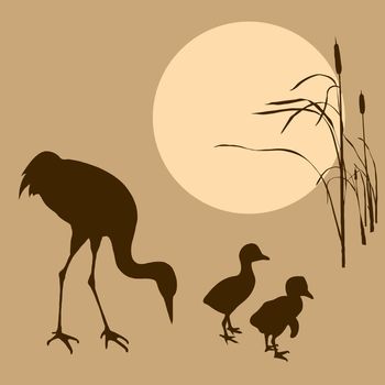 illustration of the crane with nestling on background sun