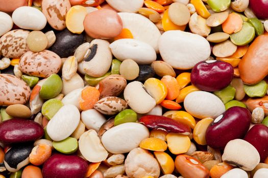 Macro shot of many different types of beans,peas and barley