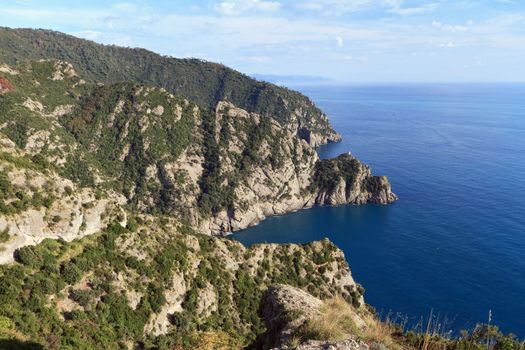 aerial view of Cala dell`Oro and San Fruttuoso bay in Portofino natural park, Italy
