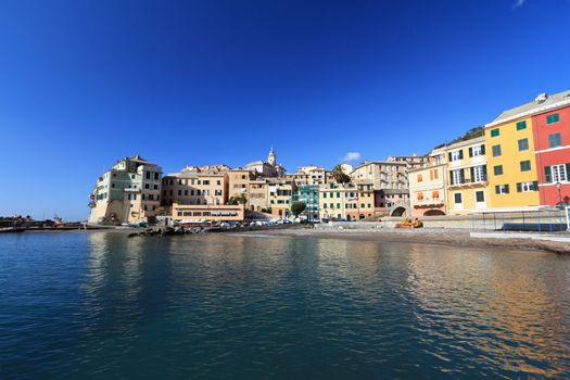 view from the sea of Bogliasco, small village in Mediterranean sea, Italy