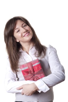 Young smiling woman holding gift - Red box with a bow