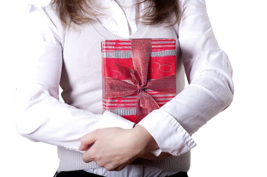 Young smiling woman holding gift - Red box with a bow