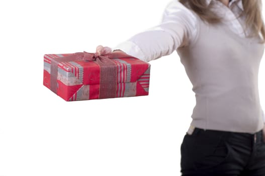 Young smiling woman holding gift - Red box with a bow