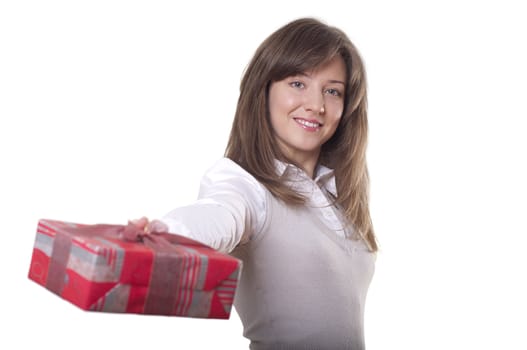 Young smiling woman holding gift - Red box with a bow