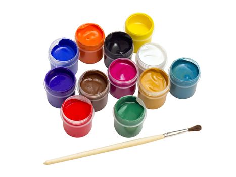 colorful gouache paint and brush isolated on white background