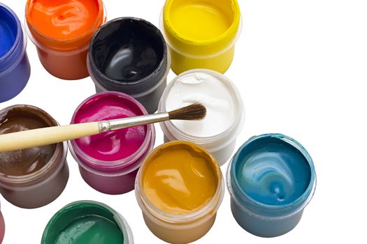 colorful gouache paint and brush isolated on white background