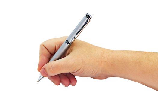 Metallic silver ballpoint pen in a female hand isolated on white background