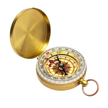 compass in a brass case isolated on white background