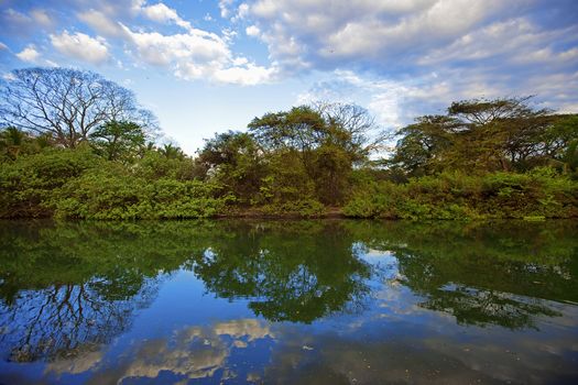 Trees reflecting in the blue water at Guanacaste