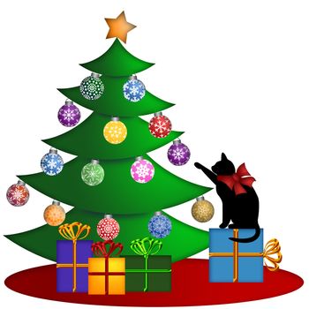 Christmas Tree with Ornaments and Cat Sitting on Presents Illustration