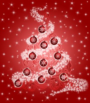 Christmas Tree with Swirl Leaves Design Sparkles and Snowflakes Ornaments on Red Background Illustration