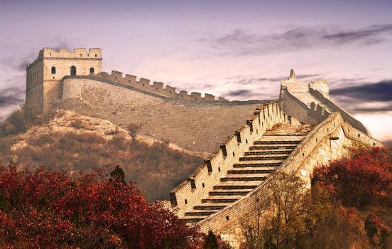 Photo of the Great Wall in the clouds, which is called the Eighth Wonder in the world and was built in ancient China