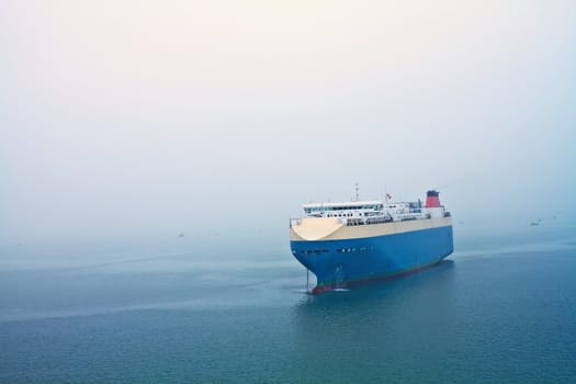 A global cruise stops in the sea in a foggy day