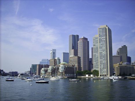 Skyline of Boston Harbor coming in from a ferry