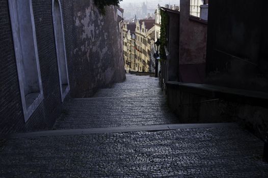 A coblestone stairway early in the monring in europe