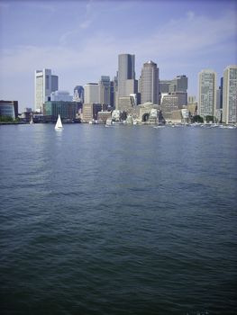 Skyline of Boston Harbor coming in from a ferry