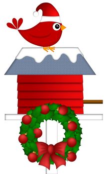 Christmas Red Cardinal with Santa Hat Sitting on Birdhouse with Wreath Illustration