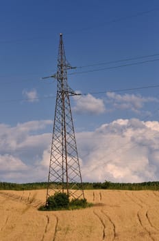 High voltage electric pylon in grain field