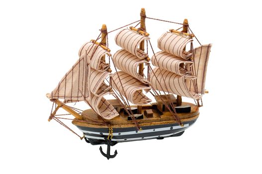 Model of sailboat made of wood and linen