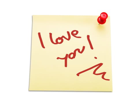 Yellow note paper with handwritten text : "I love you"