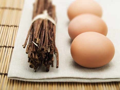 Three eggs in a kitchen