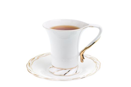 White cup of hot tea isolated on white background