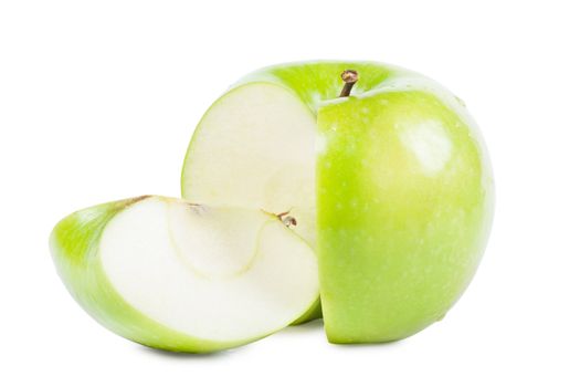 Big green apple with sliced part isolated over white background
