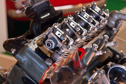 Closeup details of motor engine cut through off view