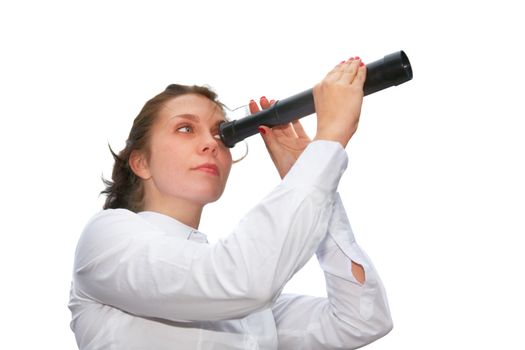 Young woman using telescope isolated over white
